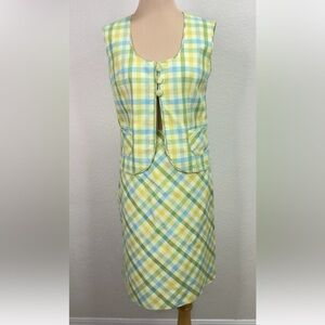 Vintage 60's 2 Piece Skirt Set Handmade Sleeveless Green Plaid Vest Top Size S